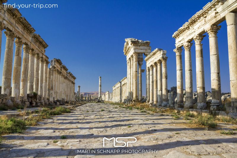The <b>Great Colonnade</b> in <b>Apamea</b> in <b>Syria</b> stretched almost 2 km, making it one of the longest in the Roman world. <a href='https://find-your-trip.com/?t=guide&poi=sy9945&lang=en' target='fyt'><nobr>[ ⭢	map ]</nobr></a>
