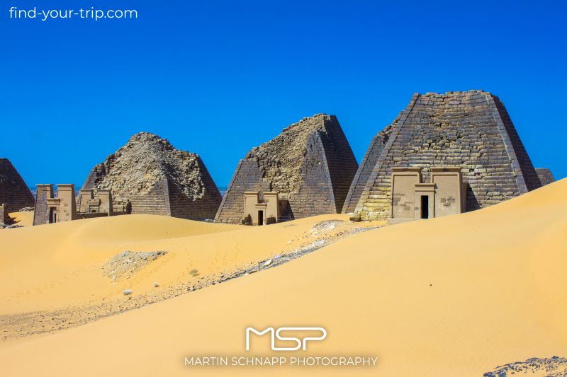 The <b>Pyramids of Meroe</b> served as burial sites for kings, queens, and high officials of the historic empire of Kush in Nubia, modern-day <b>Sudan</b>. They are built between 300 BC to 300 AD Physician and adventurer Giuseppe Ferlini destroyed some of them in 1834 in search of treasure. <a href='https://find-your-trip.com/?t=guide&poi=sd7135&lang=en' target='fyt'><nobr>[ ⭢	map ]</nobr></a>